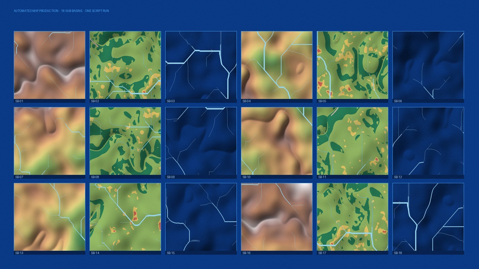 A grid of eighteen small maps produced automatically in a single script run